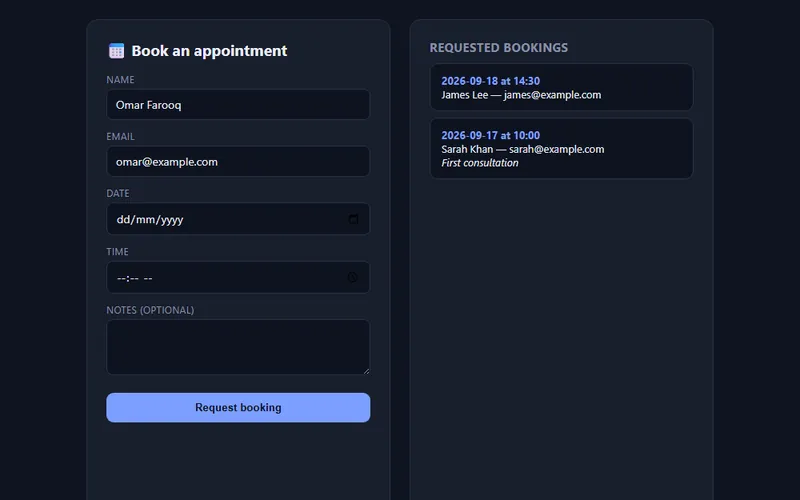 Booking Form template with sample data