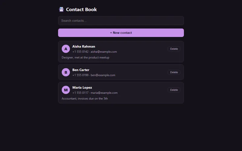 Contact Book template with sample data