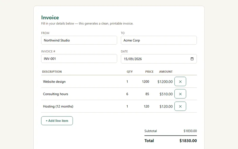 Invoice Generator template with sample data